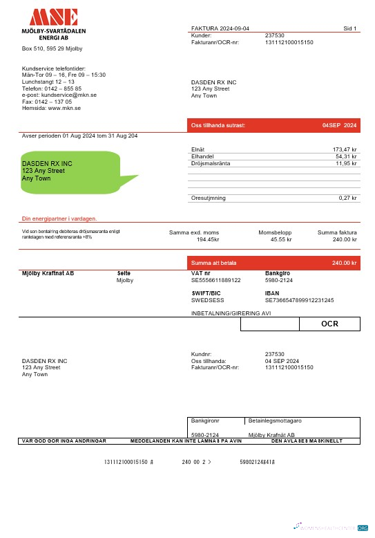 Sweden Mjölby Kraftnat AB business utility bill template in Word and PDF formats
